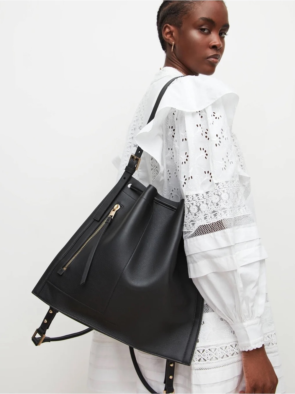 AllSaints Alpha Leather Backpack - Black Leather Should-to-Backpack Bucket Bag